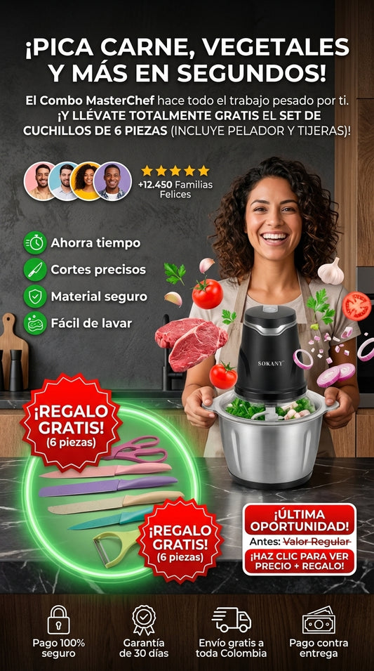 Combo MasterChef: Picadora Eléctrica Sokany 2.0L + Set de Cuchillos de Regalo 🎁