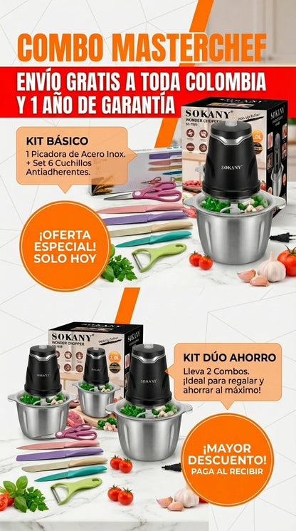 Combo MasterChef: Picadora Eléctrica Sokany 2.0L + Set de Cuchillos de Regalo 🎁