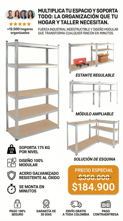 Estante Organizador Metálico Rack & Pack de 5 Niveles Ajustables, Color Gris con Acabado Mate, Alta Resistencia para , Cocina u Oficina