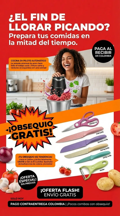 Combo MasterChef: Picadora Eléctrica Sokany 2.0L + Set de Cuchillos de Regalo 🎁